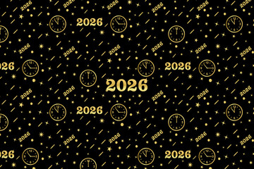 Golden 2026 new year celebration pattern with clocks and stars, perfect for festive holiday designs and stylish seasonal events