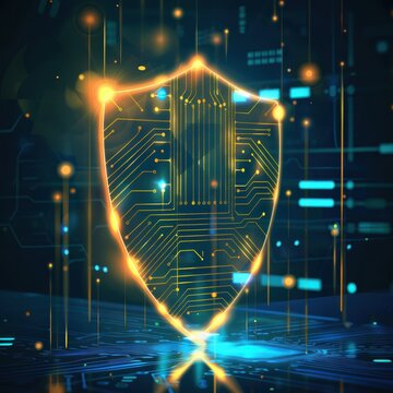 Glowing Shield Hologram with Circuit Board &ndash; Cybersecurity Defense Symbol
