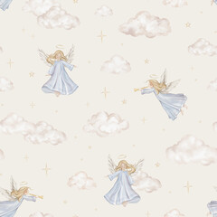 Seamless pattern with Christmas or Christian Nativity angel for religious baptism. Hand drawn illustration repeat ornament for design and beige birds among the clouds moon and stars.