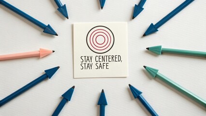 Arrows pointing inward toward a card with a circle graphic