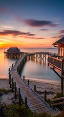 Sunset Serenity - A Tranquil Beach Scene with Wooden Pier.