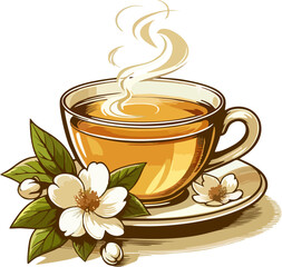 Jasmine Tea in Glass Cup with Flowers Vector – Vintage Herbal Drink Illustration Isolated