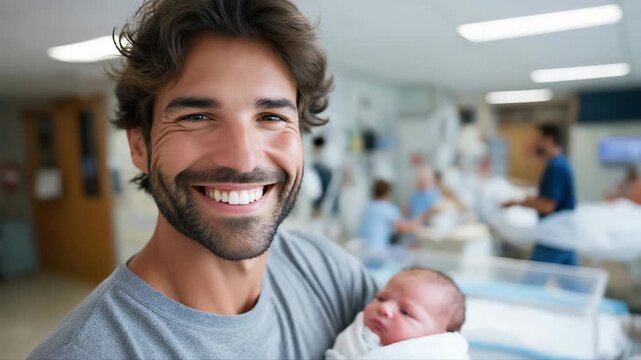 Proud father holding newborn in hospital hallway with joyful expressions and family embrace - Powered by Adobe