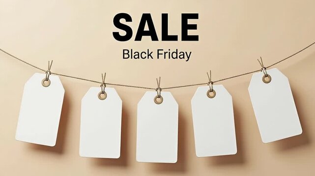 Black Friday sale text above five blank white price tags hanging from a string against a beige wall