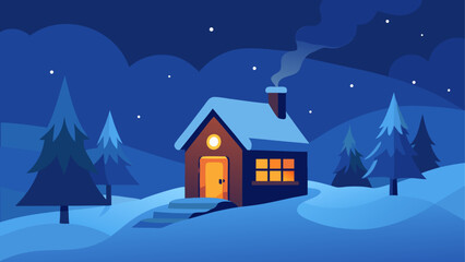 Fototapeta premium Winter cabin scene at night with snow trees