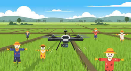 Fototapeta premium Agricultural drone flying over a green field for modern farming.
