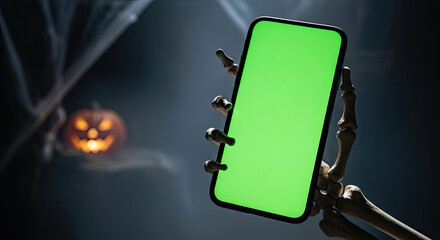 Spooky Halloween phone with green screen held by skeleton hand is perfect promo