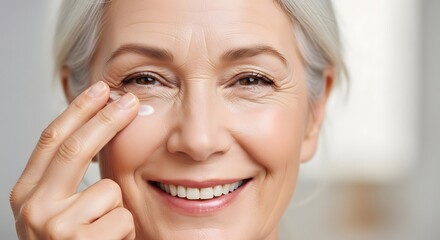 Close up of smiling woman applying cream under eye with fingers for skincare routine and wrinkle care