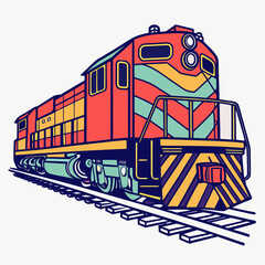 Brightly Colored Diesel Train Engine on Tracks Vector © rabby
