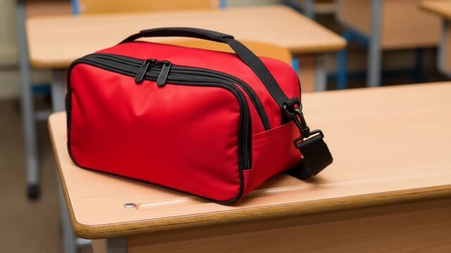A vibrant red bag on a wooden school desk, ideal for daily use.