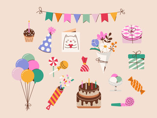 Birthday vector set. Colorful set of festive elements.
