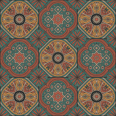 Intricate vintage tile pattern with floral and geometric motifs, creating a rich and colorful tapestry of oldworld charm and timeless elegance