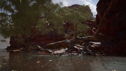 Serene waters glide alongside striking red rocks while lush trees cast gentle shadows. Sunlight filters through the leaves, creating a peaceful atmosphere during the day.