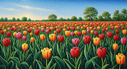 Impressionistic Field of Colorful Tulips with Pointillist Style flower field painting