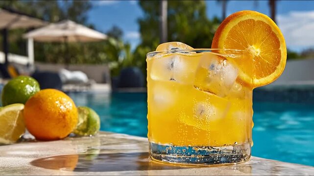 Refreshing orange juice with ice cubes and fruit slice near a pool