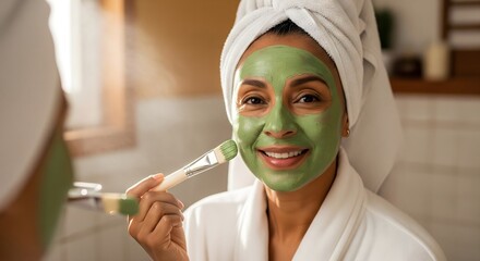 Woman applying green facial mask with brush in bathroom wearing white robe and towel on her head