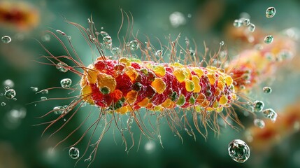 A highly detailed 3D microscopic render of microorganisms or bacteria. The image shows red and green cells with visible flagella or hairs, creating an intense and visually dramatic scientific illustra