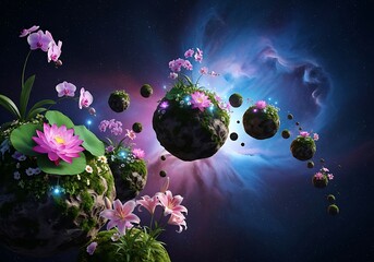 Celestial garden: Dreamlike landscape of floral planets floating in a cosmic nebula landscape