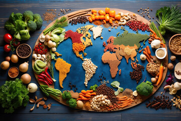 Fototapeta premium Flat lay world map spices and vegetables, postcard World Food Day AI Generative