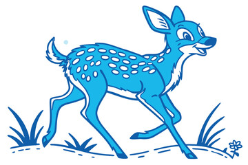 Blue Fawn Trotting with Spots on White Background, Cartoon Cute Animal