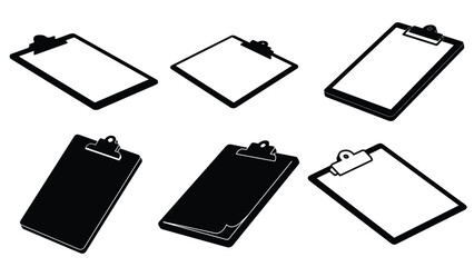 angled 3d black and white silhouette vector illustration of a clipboard icon with paper sheet, symbolizing notes, tasks, and business management in minimal geometric design