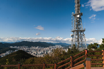 Busan city panorama beautiful skyline view from Hwangnyeongsan mountain observatory, Busan port, Gwangan bridge and harbor bay, South Korea, Yeongnam district, sunny day, travel to Republic of Korea