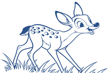 Blue Outline Cartoon Deer Fawn Walking on Grass Isolated White Background