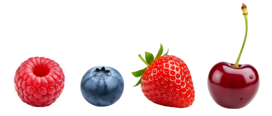 Colorful assortment of fresh berries in a row. Raspberry, blueberry, strawberry, and cherry. Isolated on transparent background, png