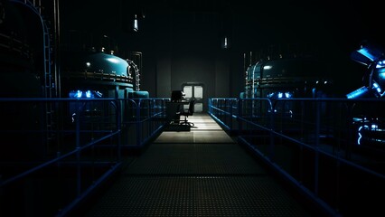 A dimly lit industrial corridor features towering blue tanks and a solitary chair positioned toward a door. The atmosphere is tense and mysterious, highlighting shadows and subtle blue lighting.