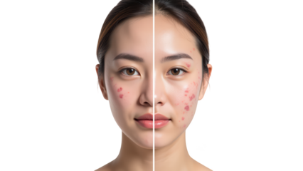 Split image showing woman face with clear skin on one side and skin with acne on other side, highlighting skin conditions and beauty treatments