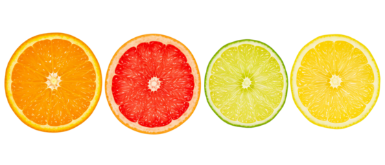 Colorful assortment of sliced citrus fruits including orange, grapefruit, lime, and lemon. Isolated on transparent background, png
