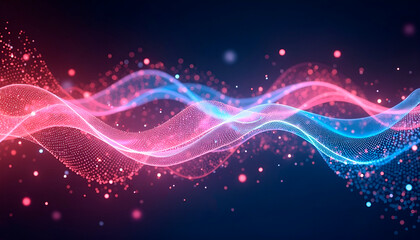 Colorful wave patterns flow gracefully across the screen, resembling a vibrant light display. The artwork creates a mesmerizing effect with pink, blue, and white dots against a dark background