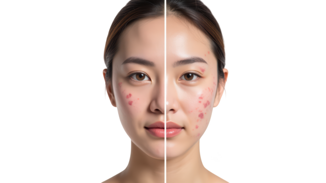 Split image showing woman face with clear skin on one side and skin with acne on other side, highlighting skin conditions and beauty treatments