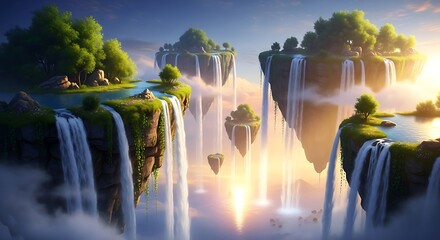 Enchanting realm of floating islands with cascading ethereal waterfalls