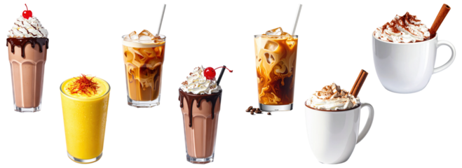 Assortment of cafe drinks including milkshakes, iced coffee, and hot chocolate