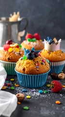 Colorful cupcakes with toppings