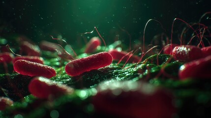 A highly detailed 3D microscopic render of microorganisms or bacteria. The image shows red and green cells with visible flagella or hairs, creating an intense and visually dramatic scientific illustra