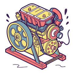 Colorful vector engine with large pulley and pipes