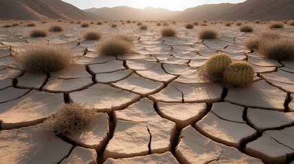 Cracked Earth Desert Landscape with Sparse Vegetation.
