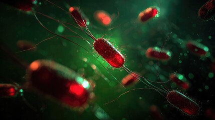 A highly detailed 3D microscopic render of microorganisms or bacteria. The image shows red and green cells with visible flagella or hairs, creating an intense and visually dramatic scientific illustra