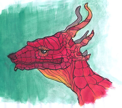 Dragon rouge de profil fait &agrave; la gouache traditionnelle