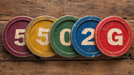 Five distinct wooden tokens feature numbers in various colors placed on an old wooden table showcasing a mix of textures and patterns.