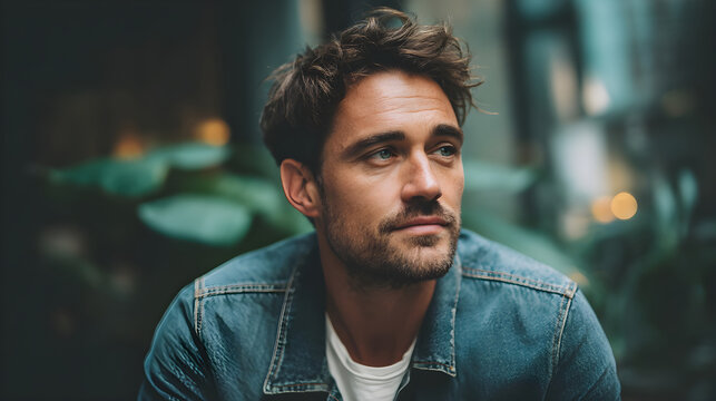 Handsome man with short hair wearing denim jacket, gazing thoughtfully in urban setting - Powered by Adobe
