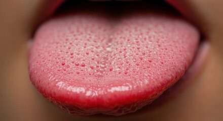 Macro close-up view of a healthy human tongue with visible taste buds and texture