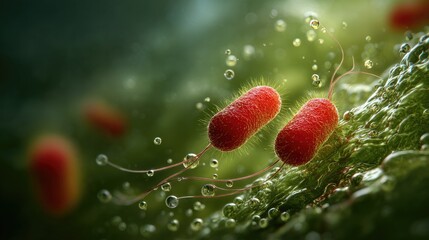 A highly detailed 3D microscopic render of microorganisms or bacteria. The image shows red and green cells with visible flagella or hairs, creating an intense and visually dramatic scientific illustra