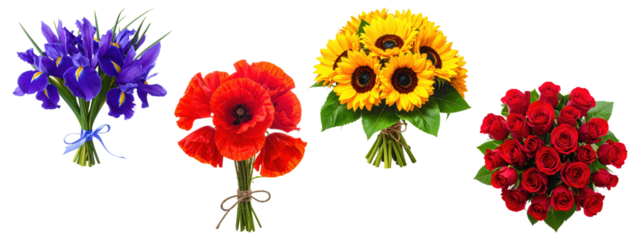 Set of colorful flower bouquets including red roses, sunflowers, poppies, and irises