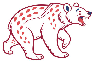 Cartoon Bear Walking, Open Mouth, White Fur, Maroon Outline, Red Spots,