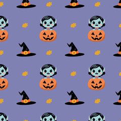 A funny Halloween pattern with a little vampire in a pumpkin and witch hats on a purple background.