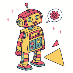 Cute yellow and pink robot with gear thought bubble