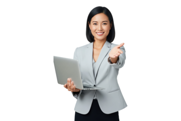 Friendly Asian businesswoman holding a laptop and offering a handshake